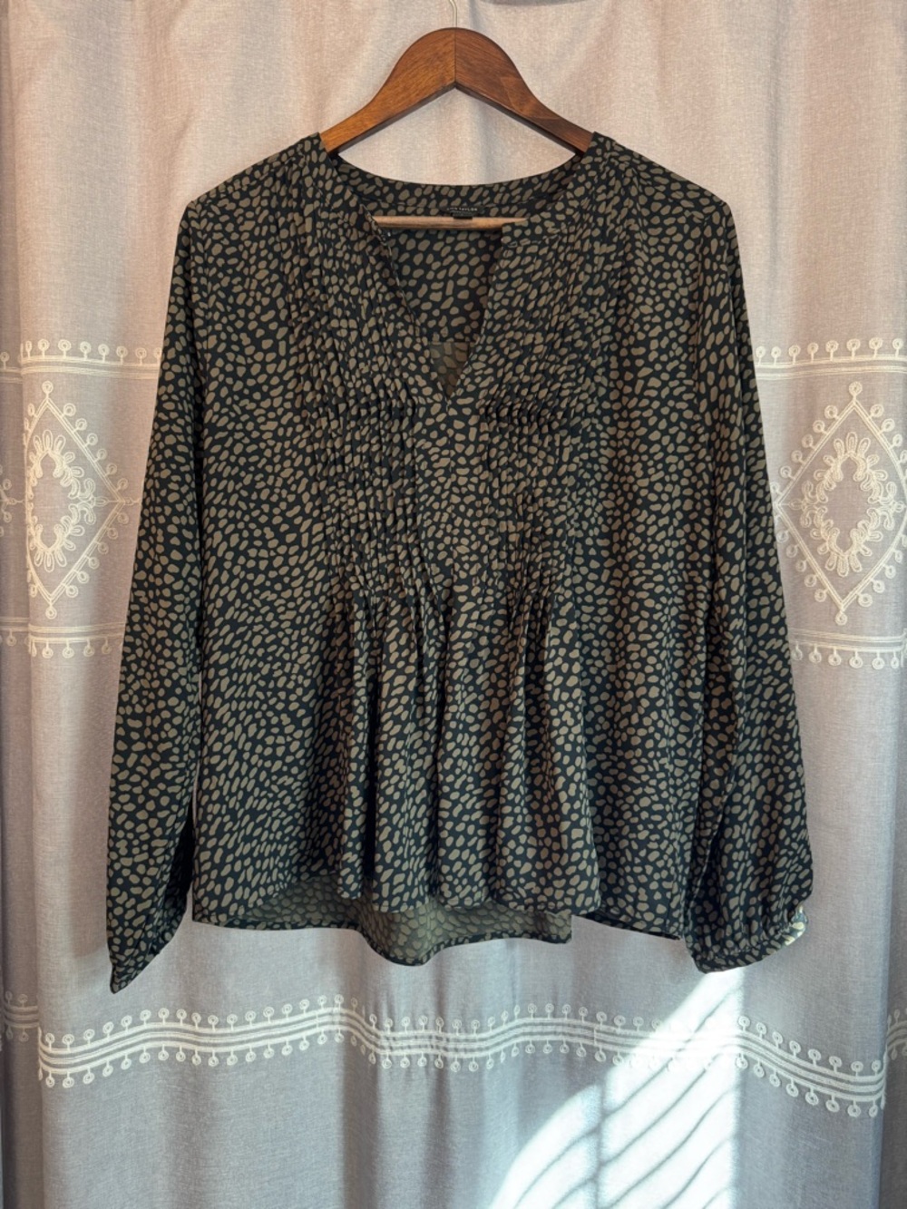 Ann Taylor Long-Sleeve V-Neck Blouse - Olive Spot